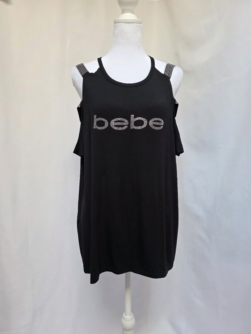 bebe Y2K Cold Shoulder Rhinestone Logo Top Black NWT Women’s XL